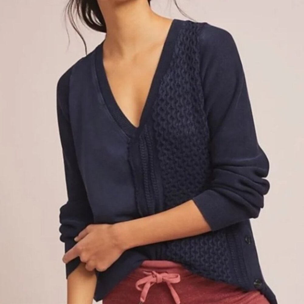 Anthropologie Saturday Sunday Arcana Navy Blue Side Button Sweater Cableknit L